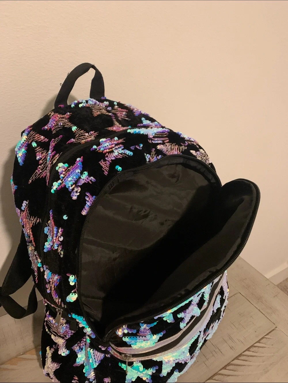 Justice Black Sequin Star Backpack with Iridescent Accents